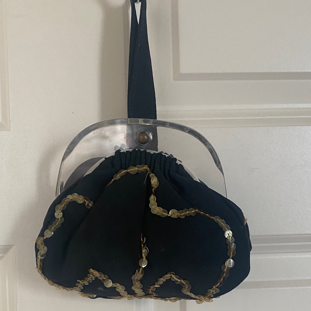 Vintage 30’s Black Mini Bag Gold Sequins Lucite Frame